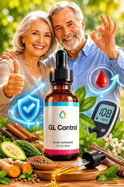 GL Control natural blood sugar support liquid tincture bottle with dropper and six botanical ingredients