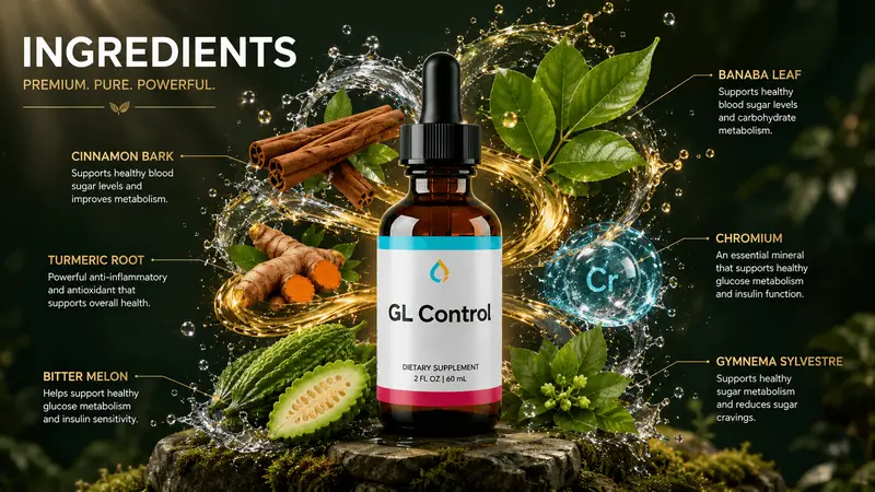 GL Control six natural blood sugar support ingredients turmeric cinnamon bitter melon japanese knotweed licorice root coriander seed